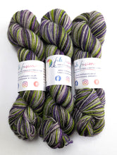 Load image into Gallery viewer, Beetlejuice on 100% llama 4ply/fingering weight yarn. Grey base.
