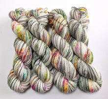 Load image into Gallery viewer, Murder on the Dancefloor on high twist superwash merino/nylon "Zebra" sock yarn.
