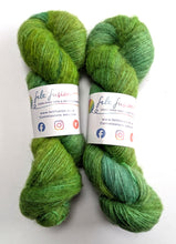 Load image into Gallery viewer, Two skeins of green yarn with Felt Fusion labels on a white background
