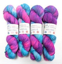 Load image into Gallery viewer, Bats in the Belfry on a superwash Merino/nylon/sparkle sock yarn.
