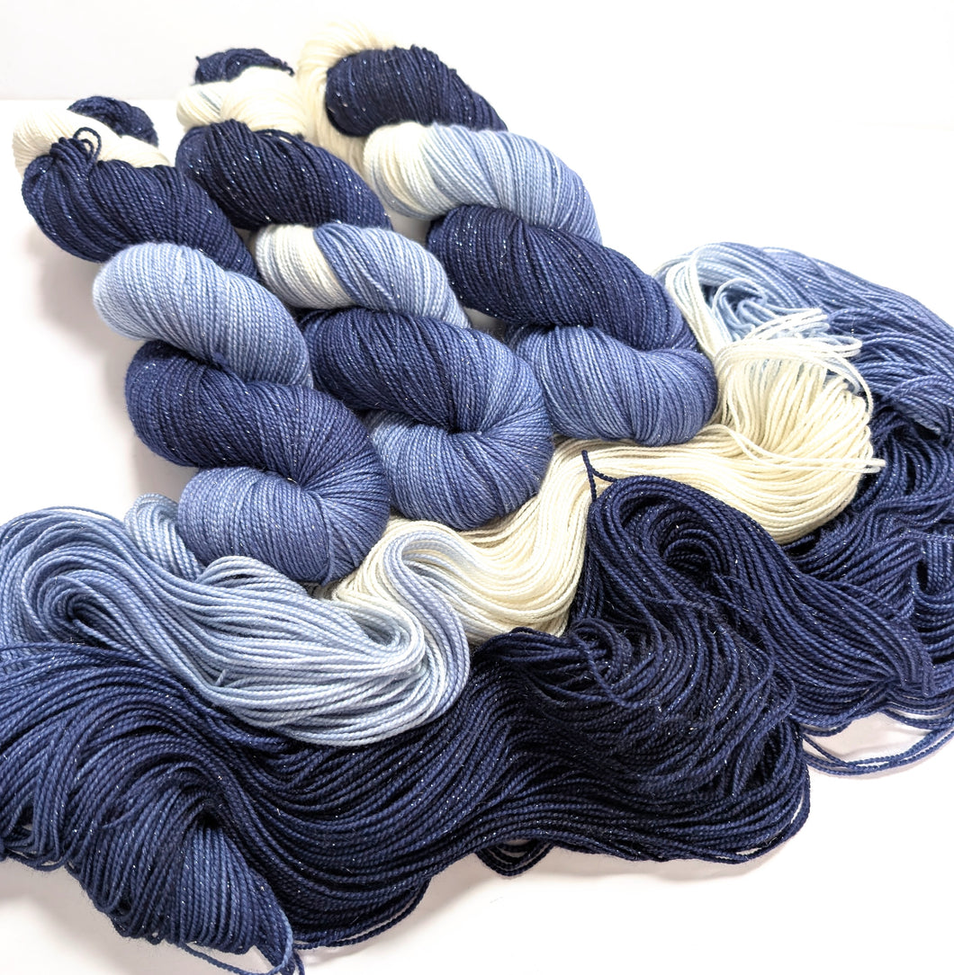 Howl at the Moon on superwash Merino/nylon/sparkle sock yarn.