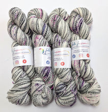 Load image into Gallery viewer, Gothic Speckles on high twist superwash merino/nylon "Zebra" sock yarn.
