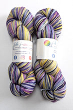 Load image into Gallery viewer, Two skeins of multicolored yarn with labels on a white background
