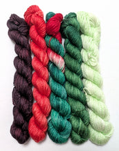 Load image into Gallery viewer, Set of five skeins of yarn in black, red, green on a white background
