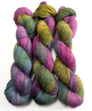 Load image into Gallery viewer, Awaken on 100% llama 4ply/fingering weight yarn. Grey base.
