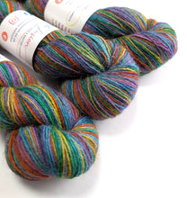 Load image into Gallery viewer, Wintertime Rainbow on 100% llama 4ply/fingering weight yarn. Grey base.
