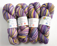 Load image into Gallery viewer, Four skeins of multicolored yarn with visible brand labels on a white background
