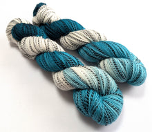 Load image into Gallery viewer, Two skeins of teal and white yarn on a white background
