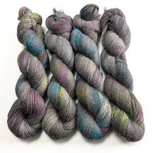 Load image into Gallery viewer, Petrol Head on 100% llama 4ply/fingering weight yarn. Grey base.
