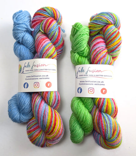 Two sets of colorful yarn skeins with 'Felt Fusion' labels on a white background