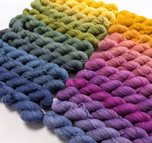 Load image into Gallery viewer, Colorful yarn skeins arranged in a gradient on a white background
