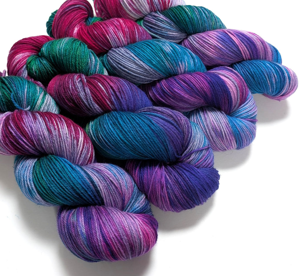Peacock on superwash merino/cashmere/nylon sock yarn.
