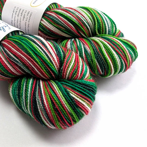 Two skeins of multicolored yarn on a white background