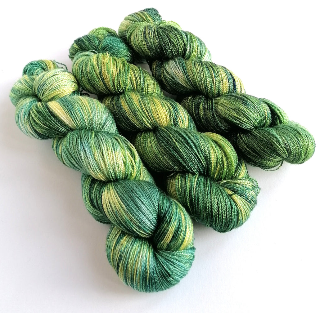 Greens, hand dyed on superwash merino/silk lace weight. freeshipping - Felt Fusion