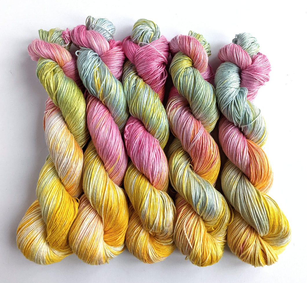 Pink, yellow, blue, on 100% bamboo 4ply