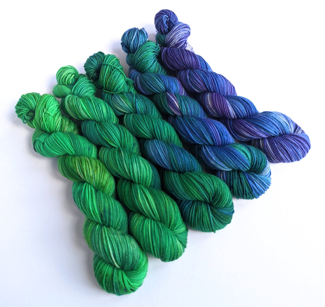 Blues and greens gradient set, sw merino/nylon sock yarn.
