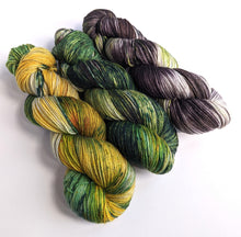Load image into Gallery viewer, Gold, green, brown gradient yarn set, on superwash merino/bamboo 4ply yarn.
