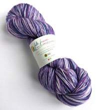 Load image into Gallery viewer, A skein of purple and white yarn, on a white background.
