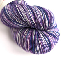 Load image into Gallery viewer, The twisted end of a skein of yarn, dyed in shades of purple and white.
