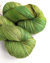 Load image into Gallery viewer, Fresh Greens, on baby camel/silk 4ply/fingering weight yarn.
