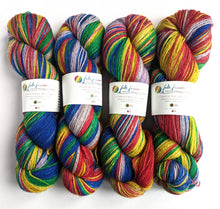 Load image into Gallery viewer, Rainbow Brite, hand dyed on a British wool sock yarn.
