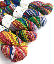 Load image into Gallery viewer, Rainbow Brite, hand dyed on a British wool sock yarn.
