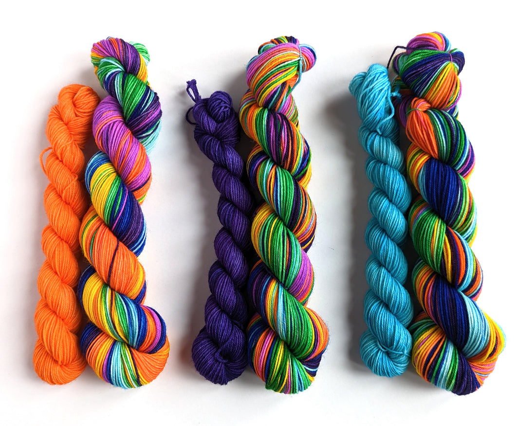 Wintertime Rainbow sock set, on superwash merino/nylon sock yarn.