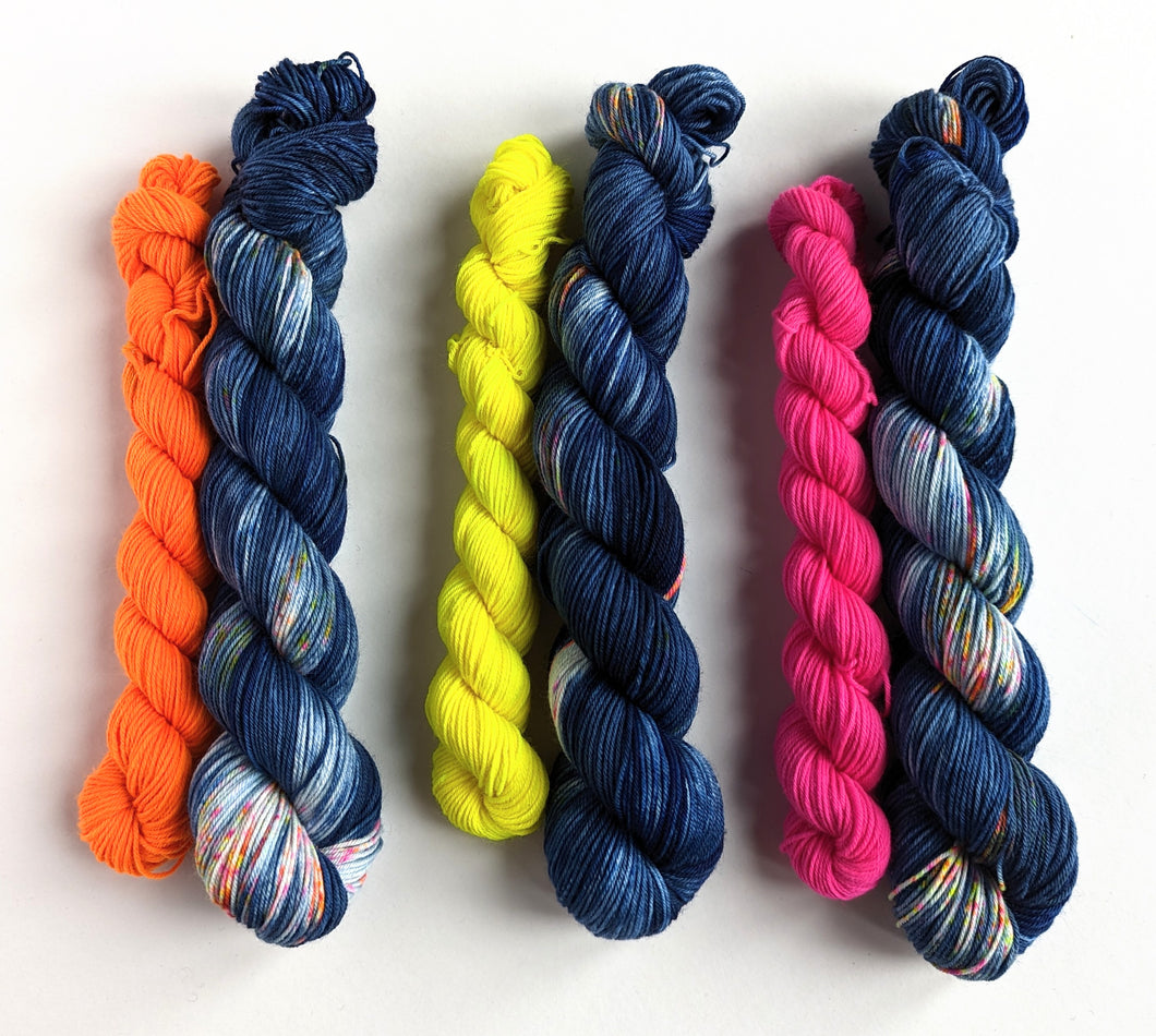 Crazy Nights sock set, on superwash merino/nylon sock yarn.