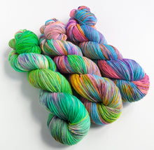 Load image into Gallery viewer, Green, pink, blue gradient yarn set, on superwash merino/nylon sock yarn.
