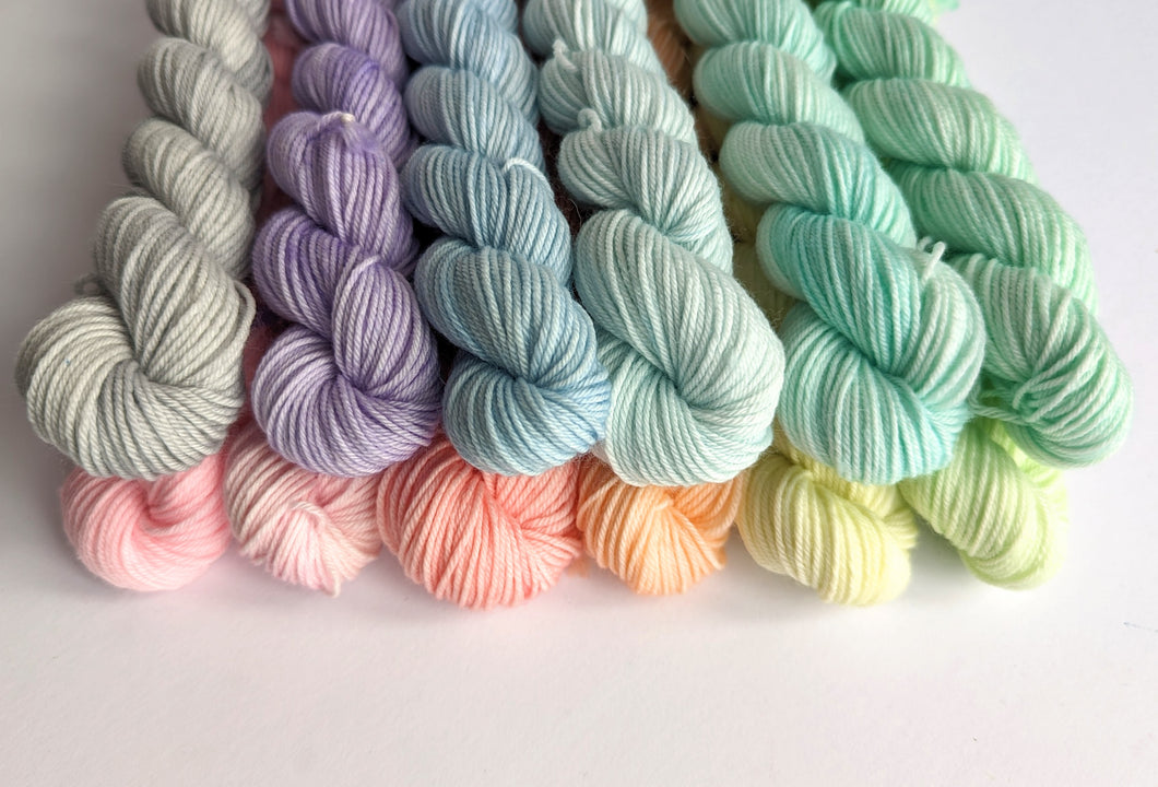 Pastel Rainbow hand dyed mini skeins. 12 x 20g sock or DK yarn.