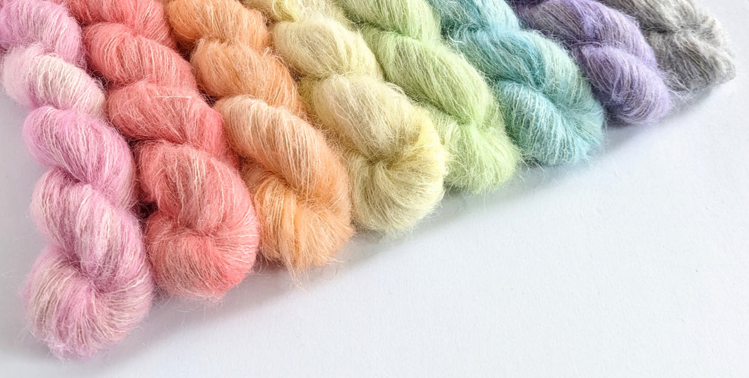 Pastel Rainbow yarn set on suri alpaca 4ply/fingering weight yarn.