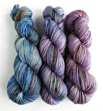 Load image into Gallery viewer, Blue-purple gradient set, on organic merino/silk 4ply yarn. Non-superwash.
