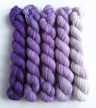 Load image into Gallery viewer, Purple gradient mini skeins. 5 x 20g.  Sock or sparkle sock. freeshipping - Felt Fusion
