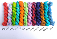 Load image into Gallery viewer, Zodiac hand dyed mini skeins. 12 x 20g sock, sparkle sock, and DK minis.
